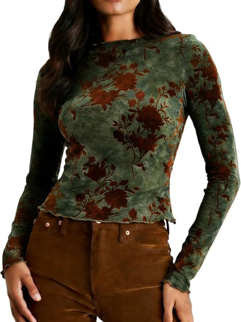 New - Women's Velvet Burnout Top Slim Fit Long Sleeve Blouse Mock Neck Party